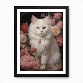 White Floral Rococo Cat Art Print