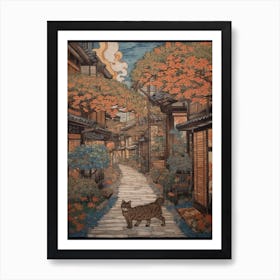 Painting Of Tokyo With A Cat In The Style Of William Morris 2 Art Print