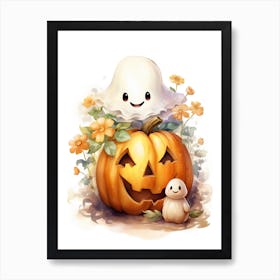 Cute Ghost With Pumpkins Halloween Watercolour 145 Art Print