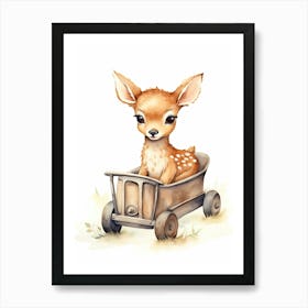 Baby Deer On Toy Car, Watercolour Nursery 0 Art Print