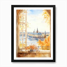 Window View Of Stockholm Sweden In Autumn Fall, Watercolour 4 Art Print
