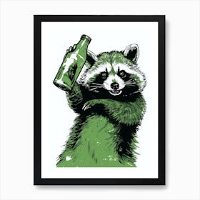 Green Raccoon With Bottle Art Print