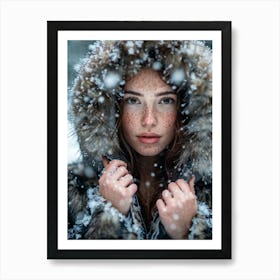 Macro Portrait Freckled Woman Clad In Snowy Fur Jacket Intricate Snowflake Patterns On Jacket Surf Art Print