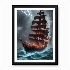 Pirate Ship In Stormy Sea Art Print