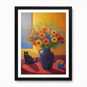 Statice With A Cat 3 Pointillism Style Art Print