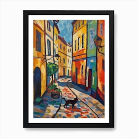 Painting Of A Street In Budapest Hungary With A Cat In The Style Of Matisse 1 Art Print