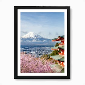 Mount Fuji With Pagoda During Cherry Blossom Art Print