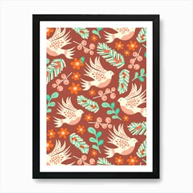 Folk Art Christmas White Doves and Winter Florals on Red Art Print