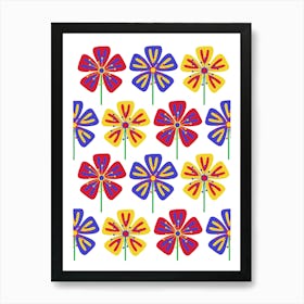 Red Blue Yellow Pattern Flowers Art Print