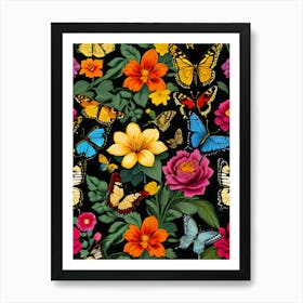 Seamless Pattern With Butterflies And Flowers 18 Art Print