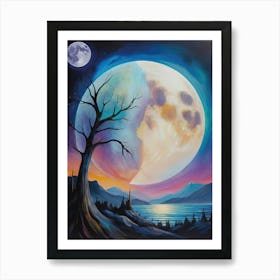 Colorful Full Moon Landscape Painting Art Print