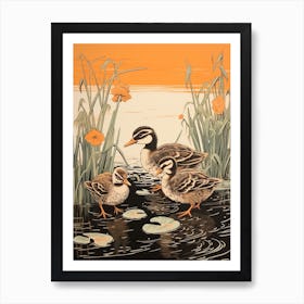 Ducklings In The Flowers Japanese Woodblock Style 4 Art Print