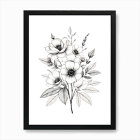 Black And White Drawing Of Flowers Art Print