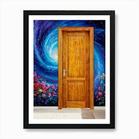 Oil Painting Of A Wooden Door Ajar Revealing A Spiraling Galaxy Contrasted Against A Wall Adorned Art Print