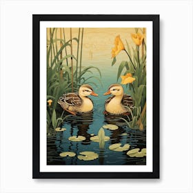 Ducklings With The Water Lilies Japanese Woodblock Style  4 Art Print