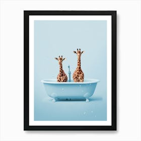 Giraffes In A Bath Blue Print Art Print