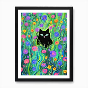 Black Cat In A Flower Field Psychadelic Colourful Painting Art Print