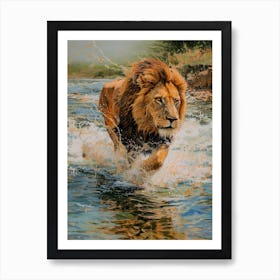 Barbary Lion Crossing A River Acrylic Painting 3 Art Print