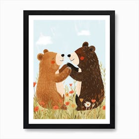 Two Sloth Bears Playing Together In A Meadow Storybook Illustration 4 Art Print