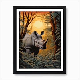 A Realistic Illustration Of A Rhino In The Sunset 1 Art Print