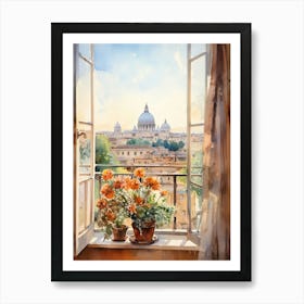 Window View Of Rome Italy In Autumn Fall, Watercolour 3 Art Print