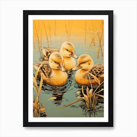 Ducklings In The Water Japanese Woodblock Style 1 Art Print