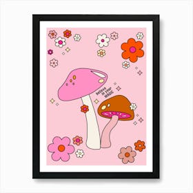 Colorful Mushrooms And Flowers Pink Art Print