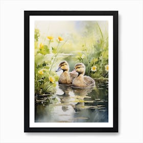Ducklings In Lake Watercolour 1 Art Print