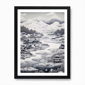 Yufuin In Oita, Ukiyo E Black And White Line Art Drawing 2 Art Print