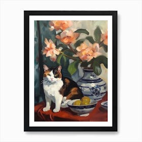 Flower Vase Camellia With A Cat 2 Impressionism, Cezanne Style Art Print