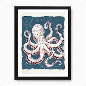 Navy Blue & Red Linocut Inspired Octopus 4 Art Print