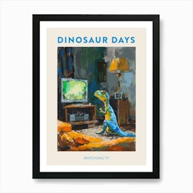 Dinosaur Watching Tv Blue Mustard Poster 2 Art Print