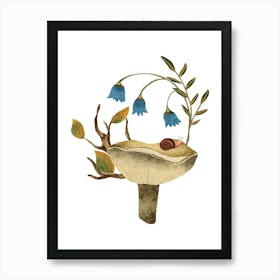 Snail On A Mushroom with blue flowers Art Print