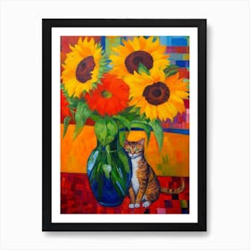 Sunflower With A Cat 2 Fauvist Style Painting Art Print