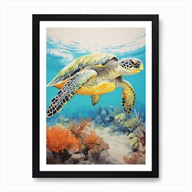 Sea Turtle In The Ocean Linograph Illustration 6 Art Print