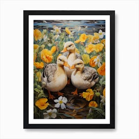 Ducklings In A Bed Of Flowers Painting 4 Art Print