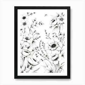 Black And White Drawing Of Flowers 3 Art Print