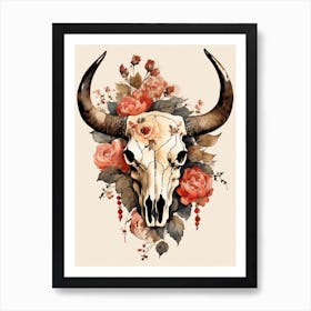 Vintage Boho Bull Skull Flowers Painting (63) Art Print