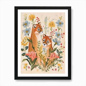 Folksy Floral Animal Drawing Puma 5 Art Print