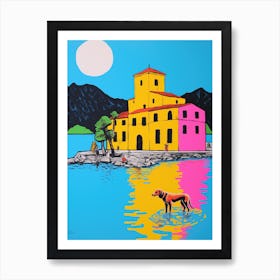 A Painting Of A Dog In Isola Bella Gardens, Italy In The Style Of Pop Art 02 Art Print