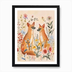 Folksy Floral Animal Drawing Coyote Art Print
