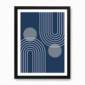 Mid Century Modern Geometric In Navy Blue And Grey (Rainbow And Sun Abstract) 01 Art Print