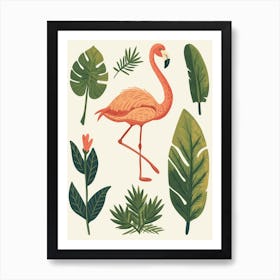 Jamess Flamingo And Croton Plants Minimalist Illustration 2 Art Print
