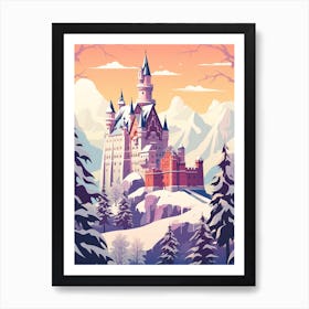 Vintage Winter Travel Illustration Schloss Neuschwanstein Germany 7 Art Print