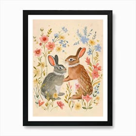Folksy Floral Animal Drawing Rabbit Art Print