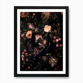 Dark Cottagecore Fruit Bat Vintage Dark Aesthetic Art Print for Witchy Gothic Wall | Dark Academia | Dark Florals in HD Art Print