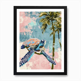 Pastel Sea Turtle & Palm Trees 1 Art Print
