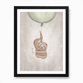 Sloth Siblings Flying Green Balloon Art Print