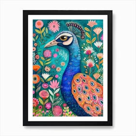 Floral Peacock Portrait Illustration 2 Art Print