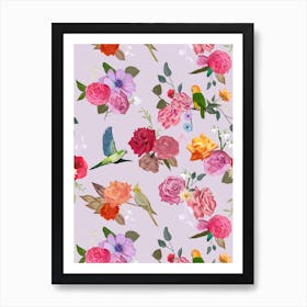 Roses Birds Lilac Art Print